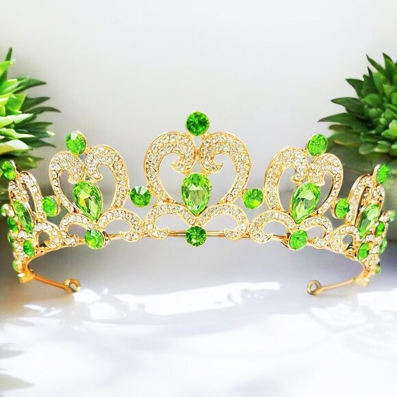 Green Rhinestone Tiara, Girl's Gold tiara, Heart shape tiara, Princess tiara - Picture 1 of 9